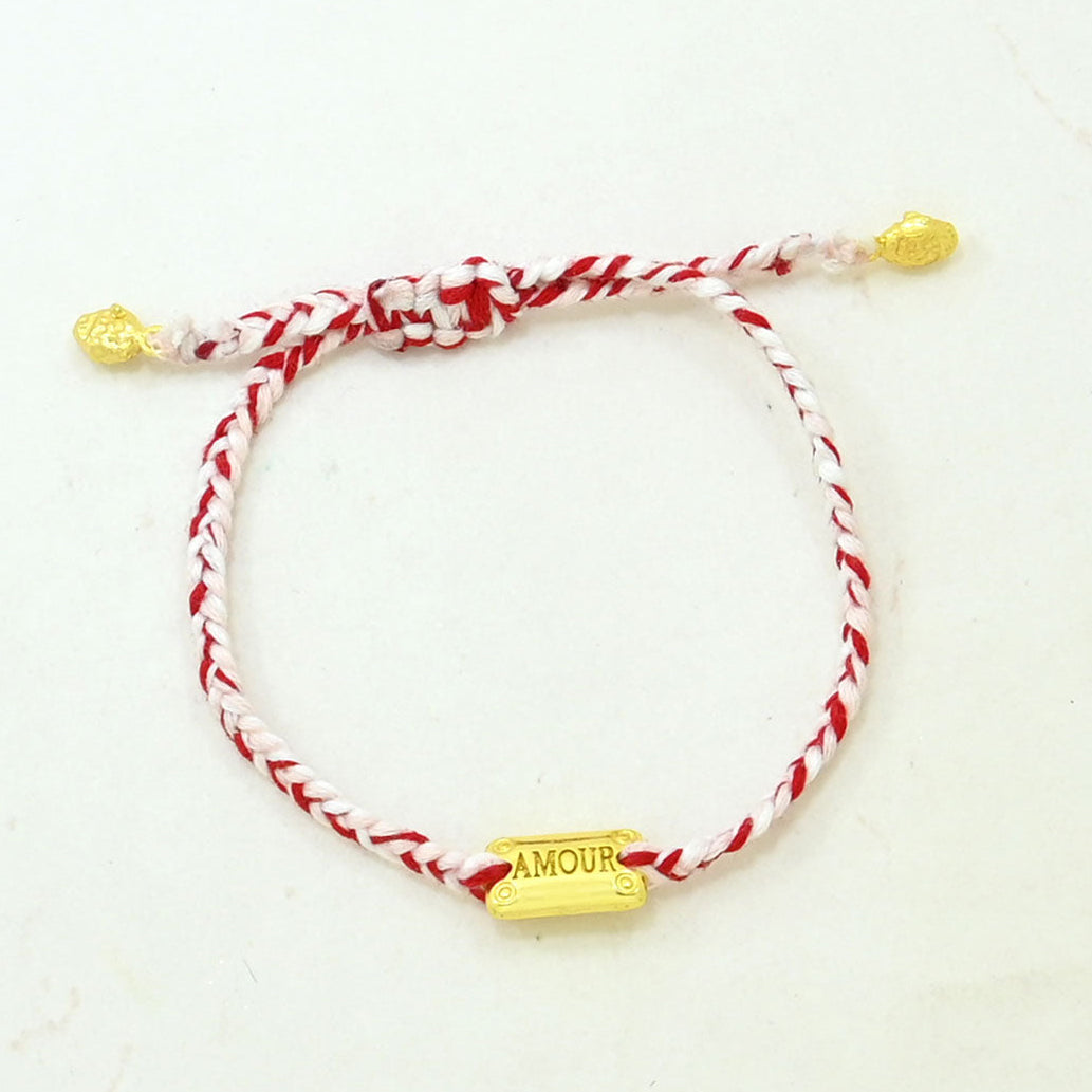 red and pink braided thread bracelet with gold AMOUR