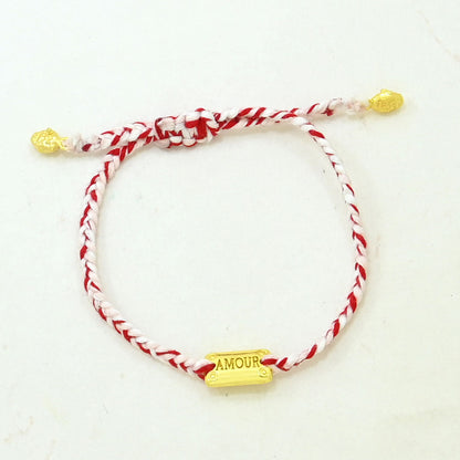 red and pink braided thread bracelet with gold AMOUR