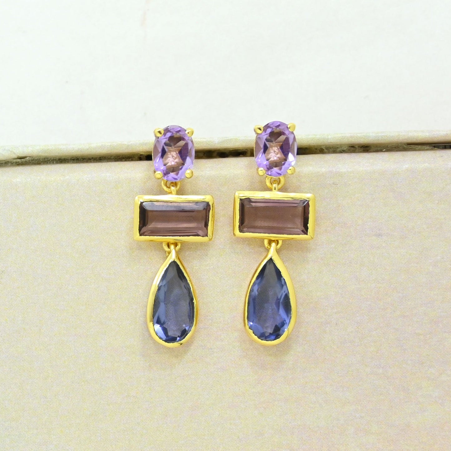 purple amethyst rhodolite tanzanite earring gold plated