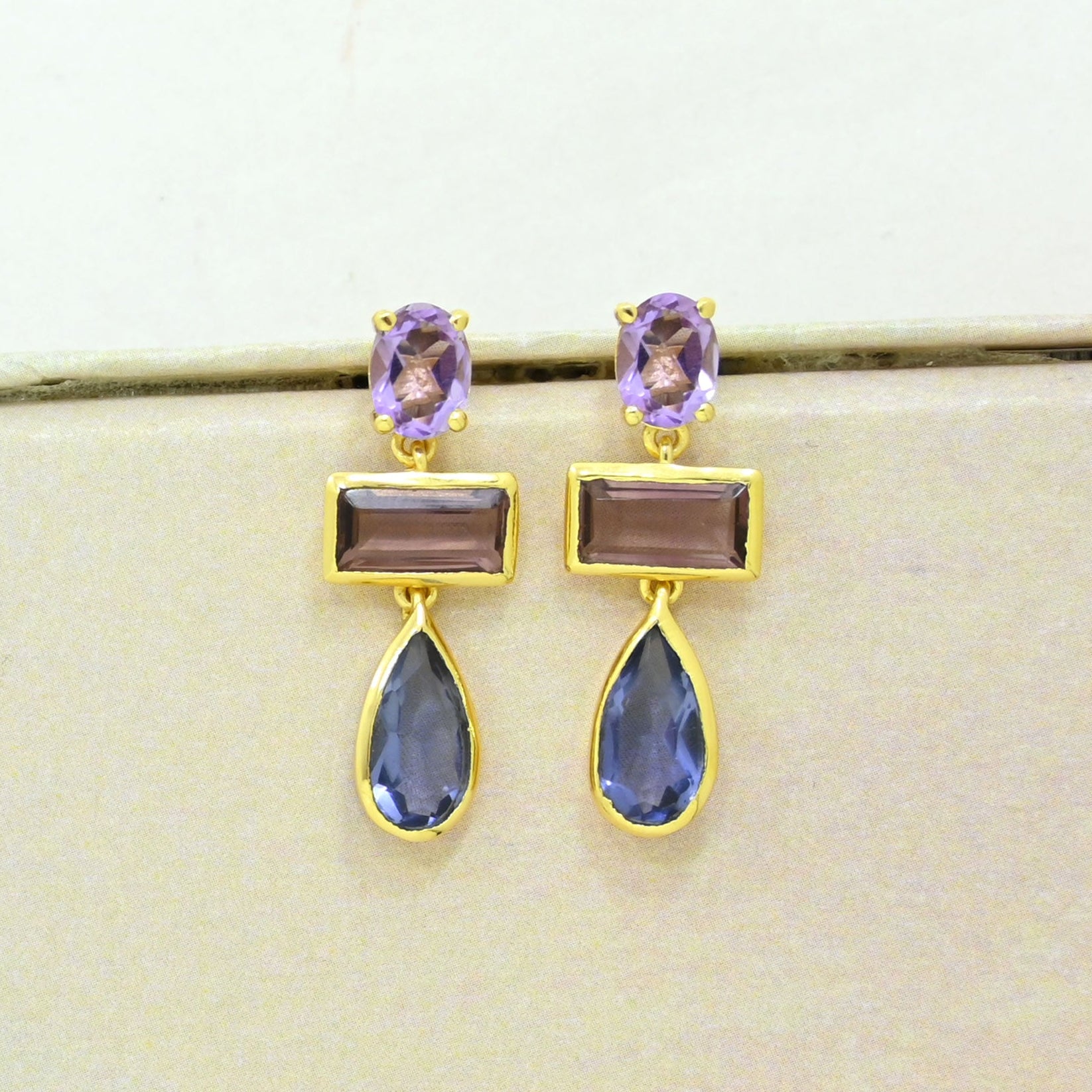 purple amethyst rhodolite tanzanite earring gold plated