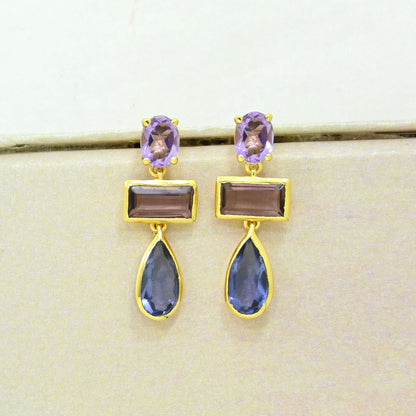 purple amethyst rhodolite tanzanite earring gold plated