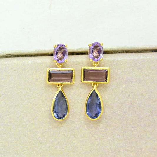 purple amethyst rhodolite tanzanite earring gold plated