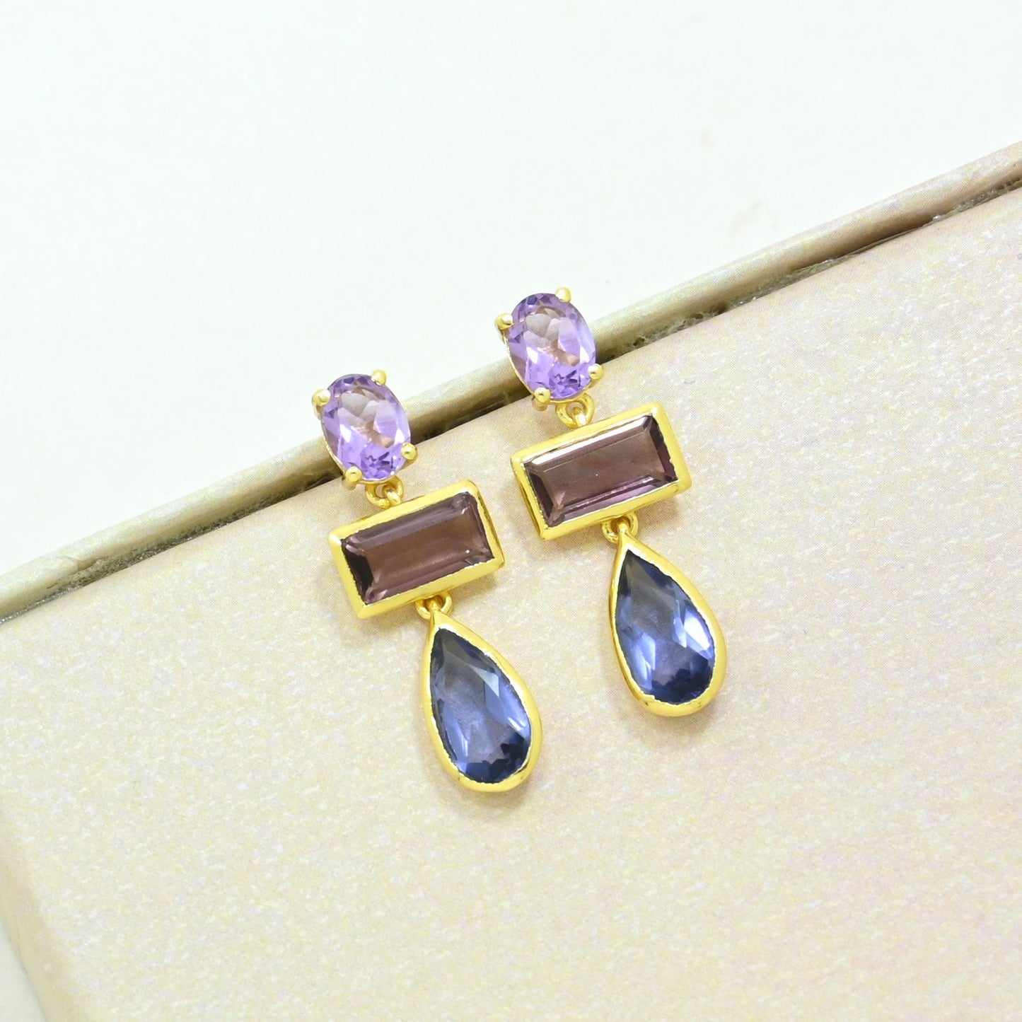 purple amethyst rhodolite tanzanite earring gold plated