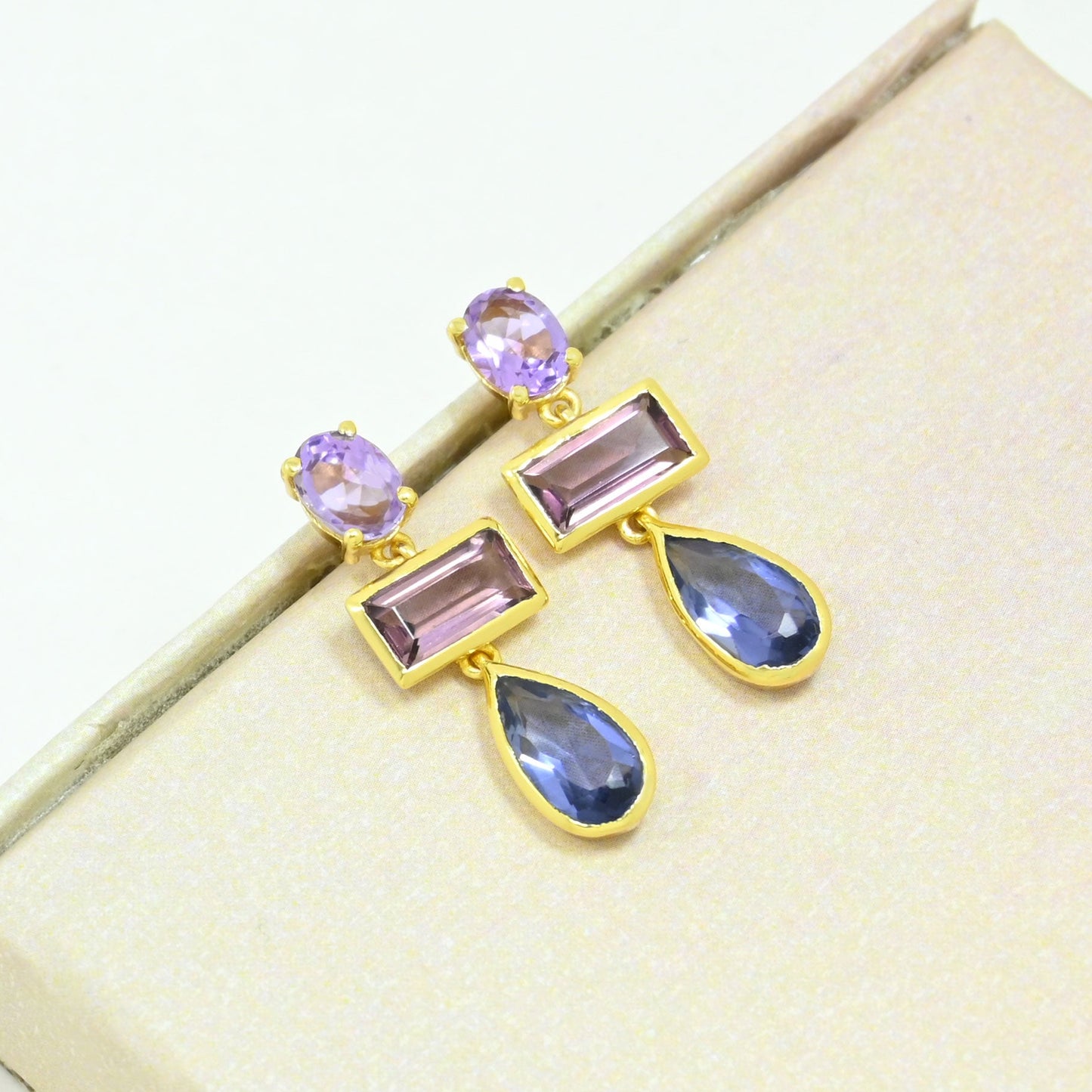 purple amethyst rhodolite tanzanite earring gold plated