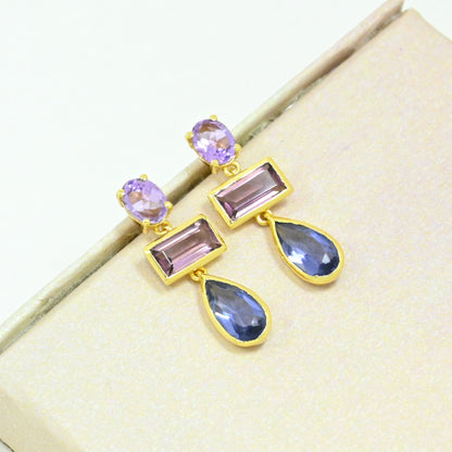 purple amethyst rhodolite tanzanite earring gold plated
