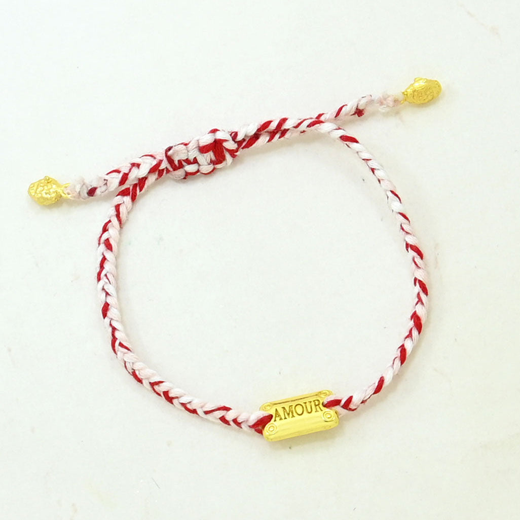 red pink braided thread bracelet with gold AMOUR