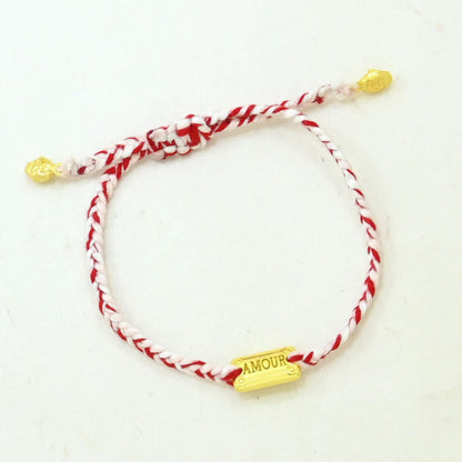 red pink braided thread bracelet with gold AMOUR