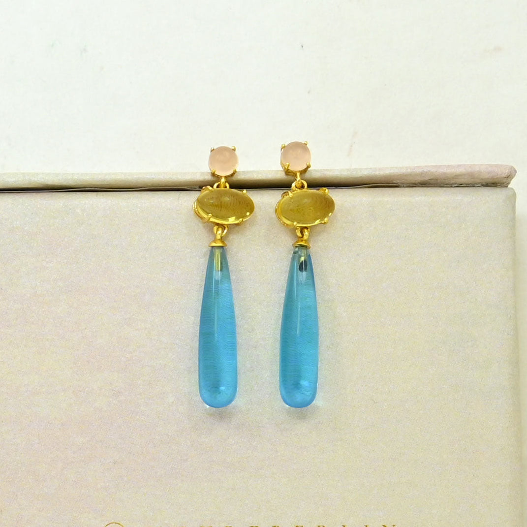 Natural Blue Topaz & Citrine Earring Gold Plated Silver 925