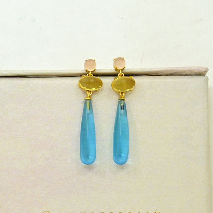Natural Blue Topaz & Citrine Earring Gold Plated Silver 925