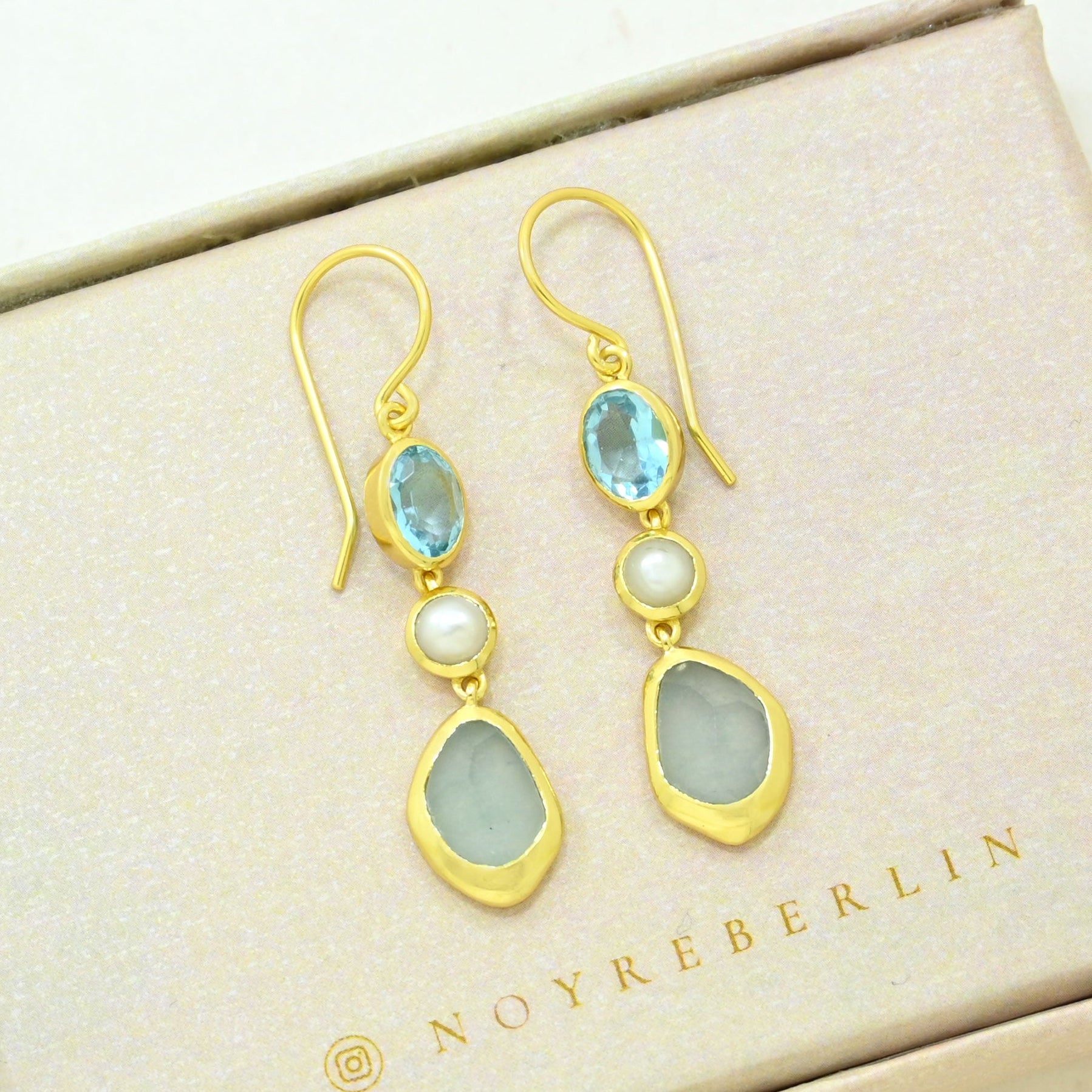 pearl blue topaz aquamarine earring gold filled