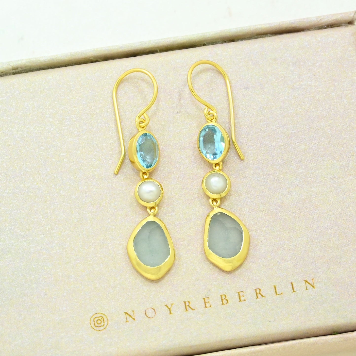 pearl blue topaz aquamarine earring gold filled
