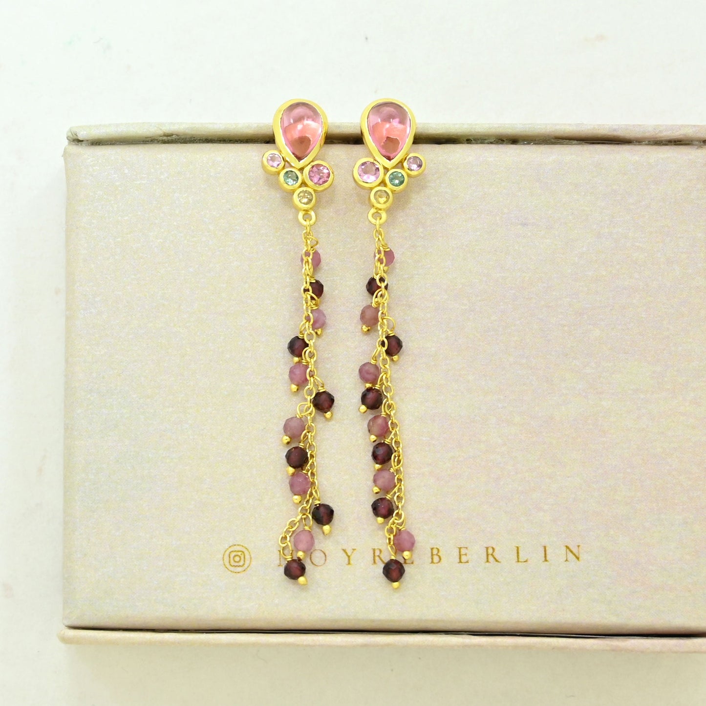 pink tourmaline dangle earring gold plated