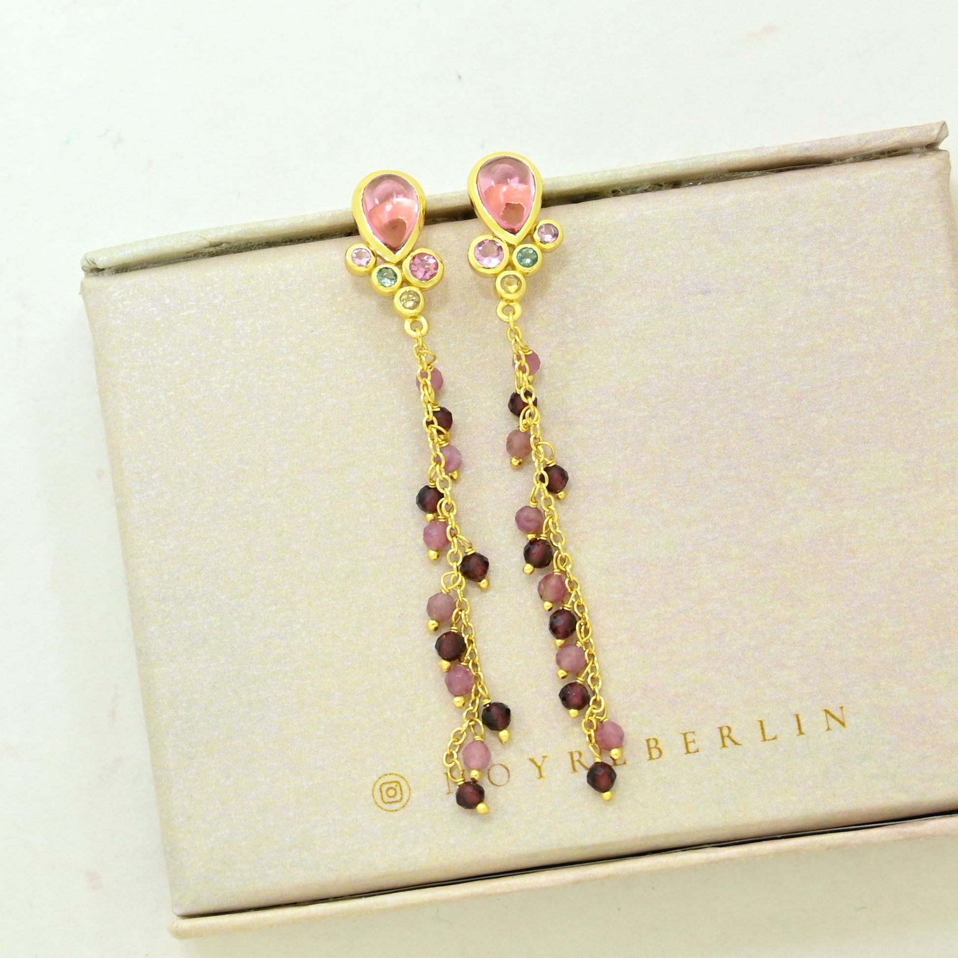 pink tourmaline dangle earring gold plated