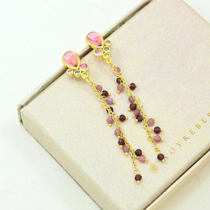 pink tourmaline dangle earring gold plated