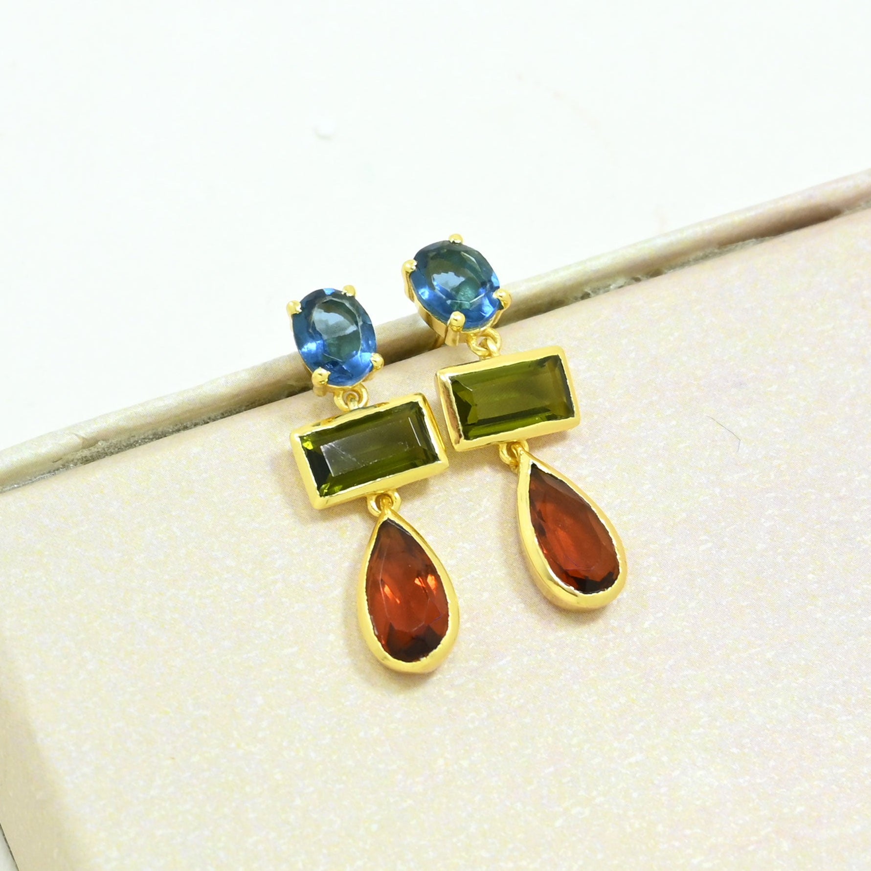 london blue topaz green tourmaline earring gold plated