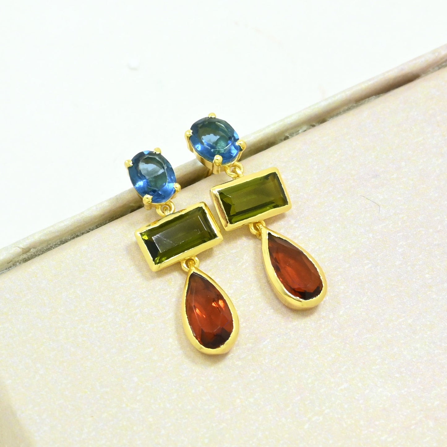 london blue topaz green tourmaline earring gold plated