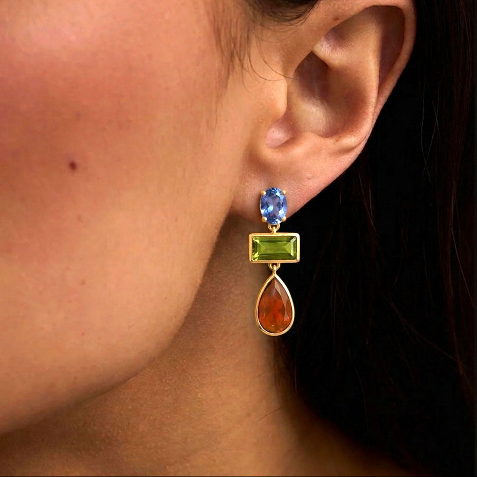 London Blue Topaz Green Tourmaline Earring Gold Plated
