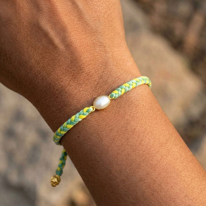 Hand-Woven Green Yellow Braided Bracelet - Pearl