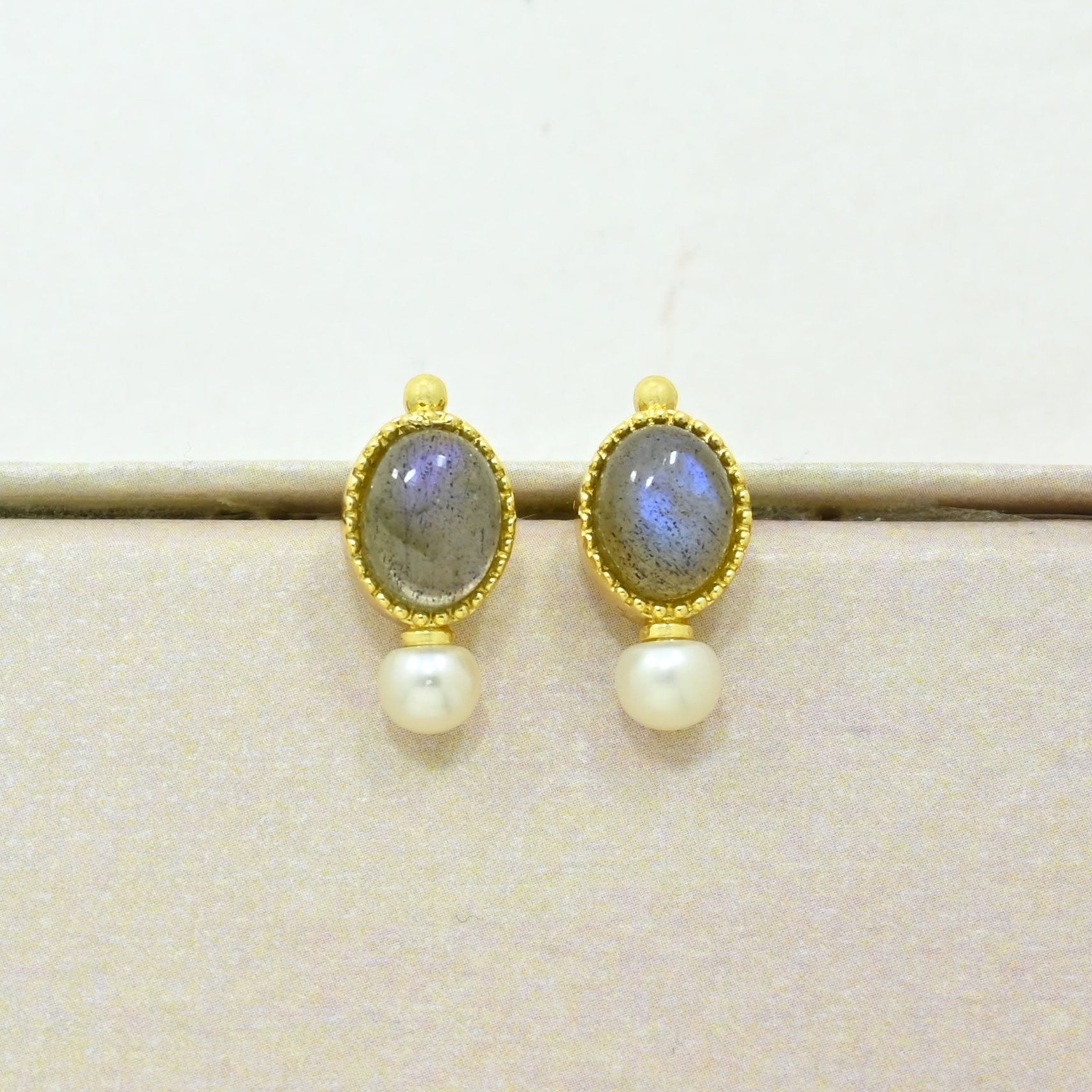 Labradorite pearl stud earring gold plated