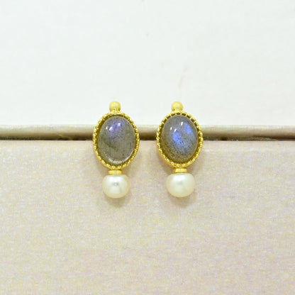 Labradorite pearl stud earring gold plated