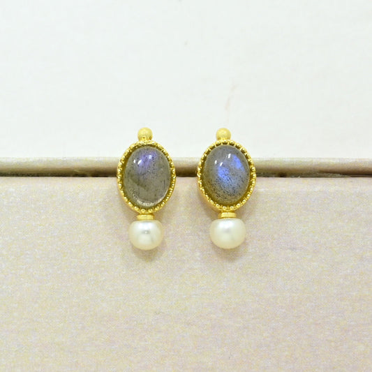 Labradorite pearl stud earring gold plated