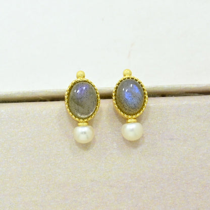 Labradorite pearl stud earring gold plated
