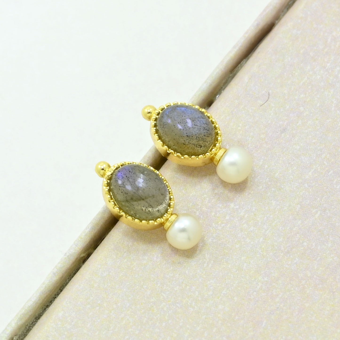 Labradorite pearl stud earring gold plated