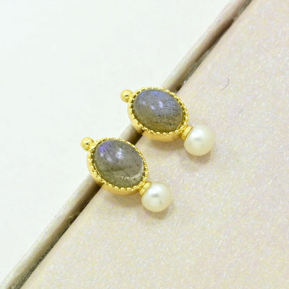 Labradorite pearl stud earring gold plated