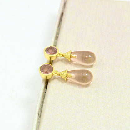 morganite strawberry quartz earring gold plated
