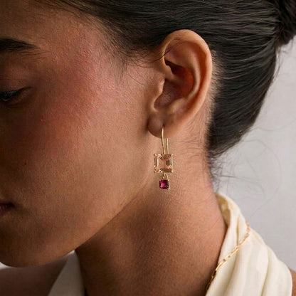 Morganite & Rhodolite dangle earring gold plated