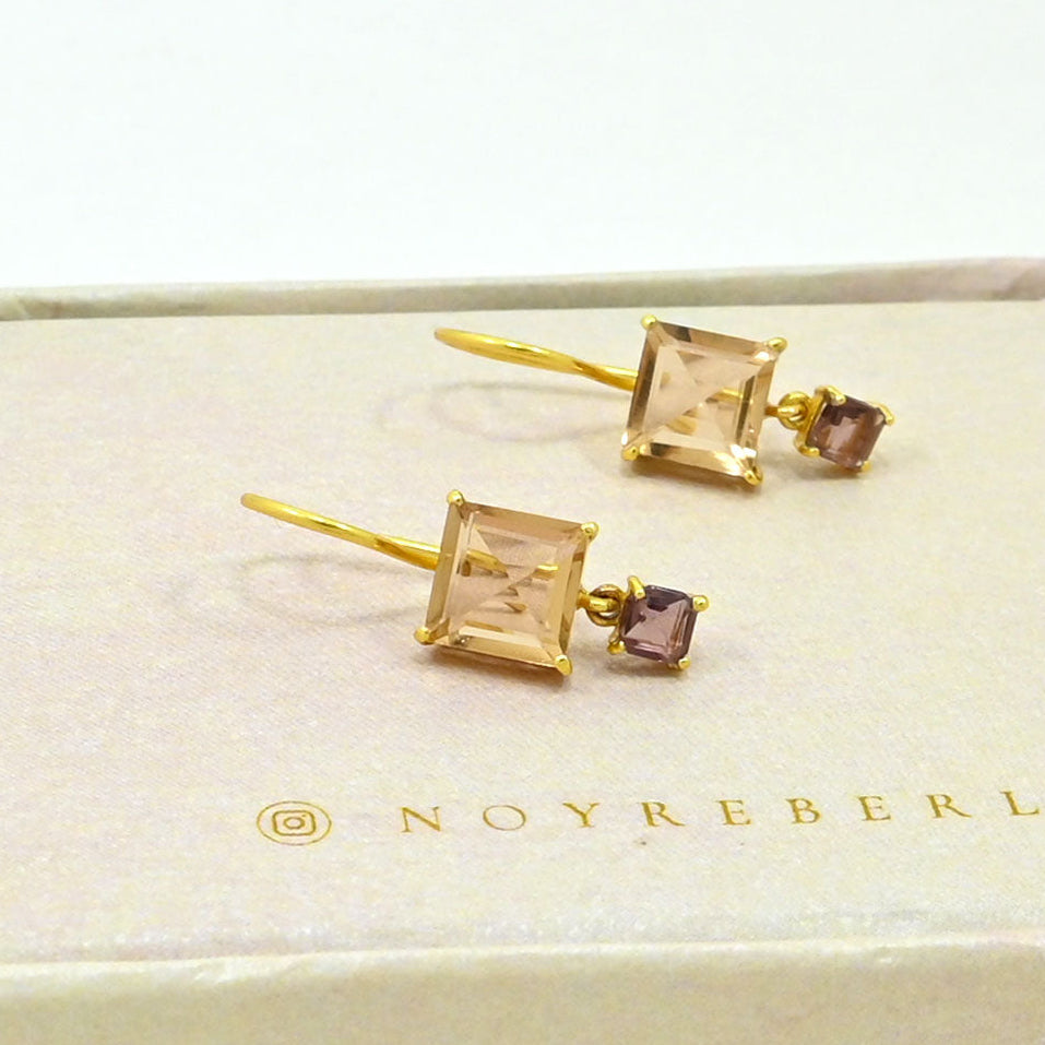 Natural Morganite & Rhodolite earring gold plated