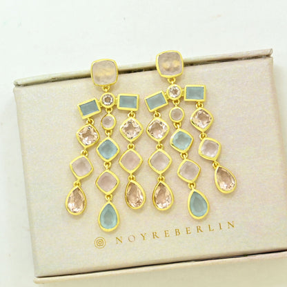 rose quartz morganite aquamarine statement earring gold plated