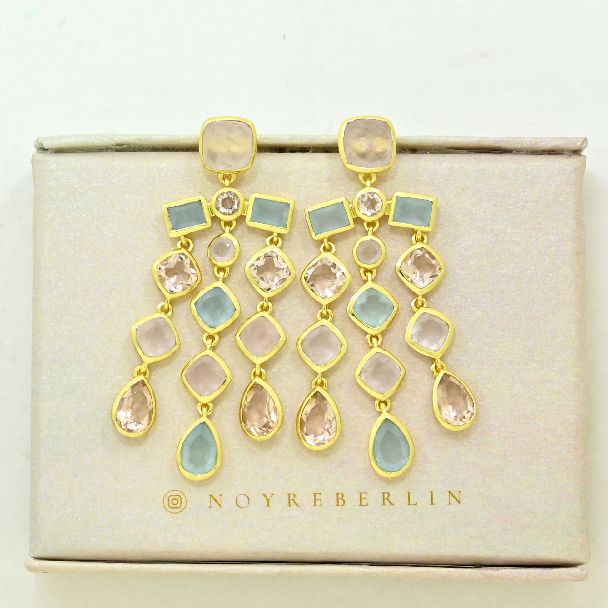 rose quartz morganite aquamarine statement earring gold plated