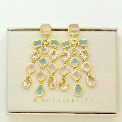 rose quartz morganite aquamarine statement earring gold plated