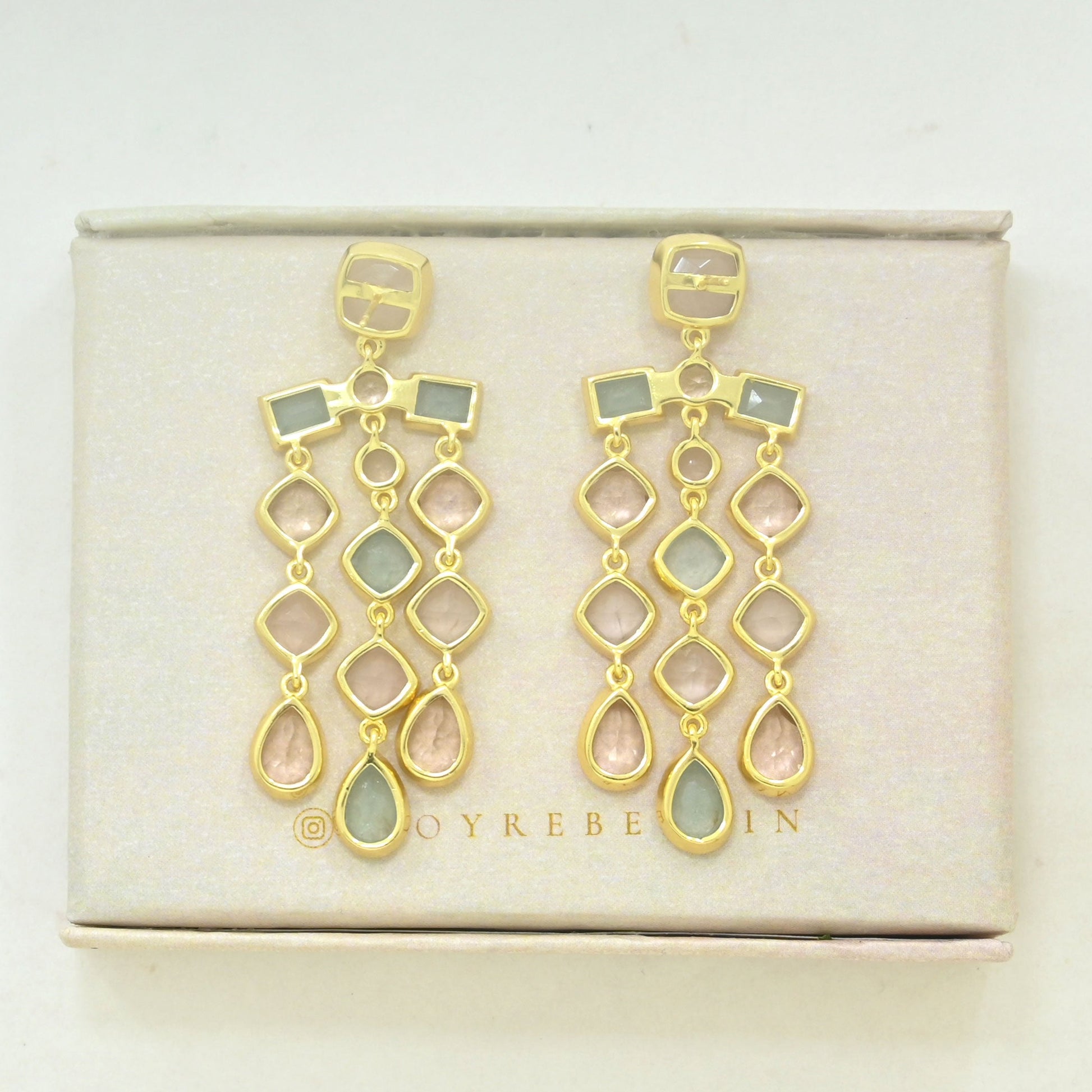 rose quartz morganite aquamarine statement earring gold plated