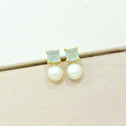 pearl aquamarine stud earring gold plated