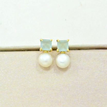 pearl aquamarine stud earring gold plated