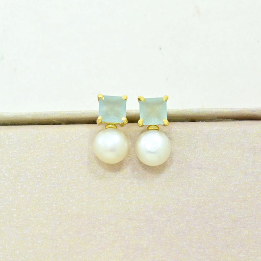 pearl aquamarine stud earring gold plated