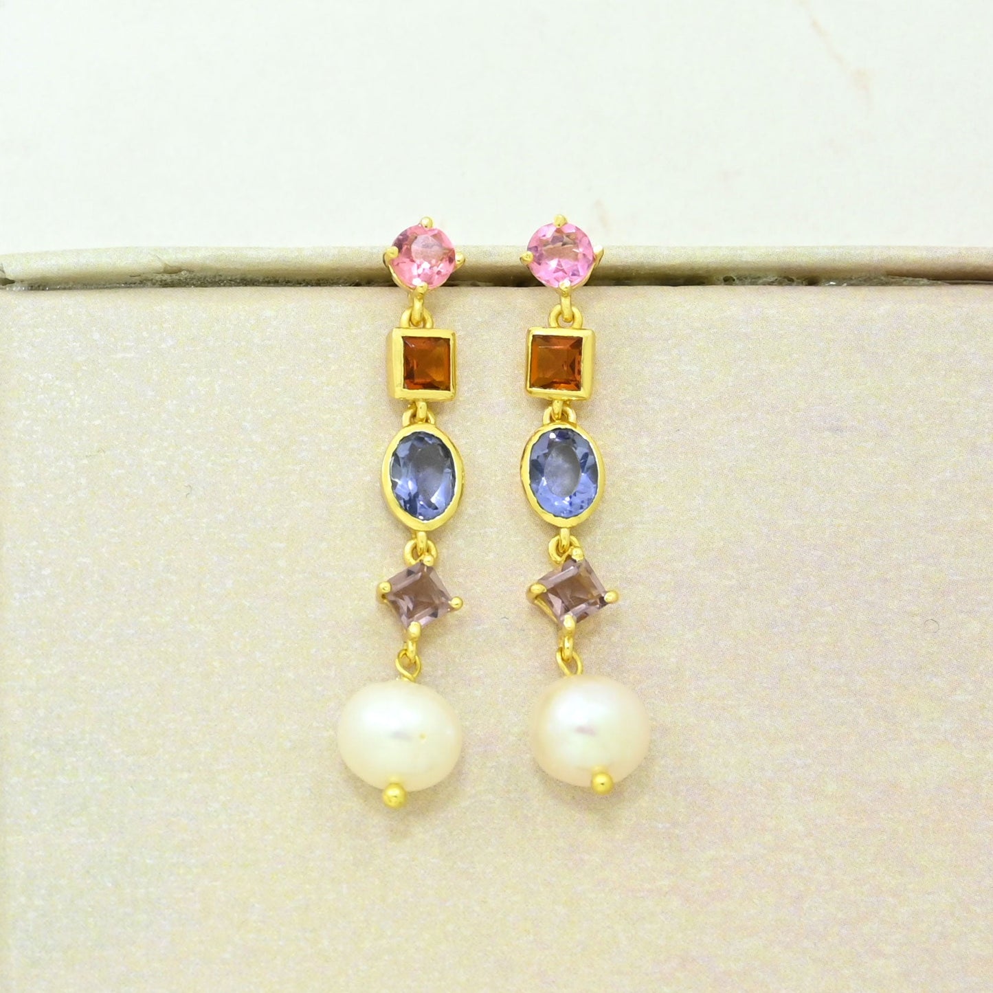multicolor gemstone pearl earring gold plated