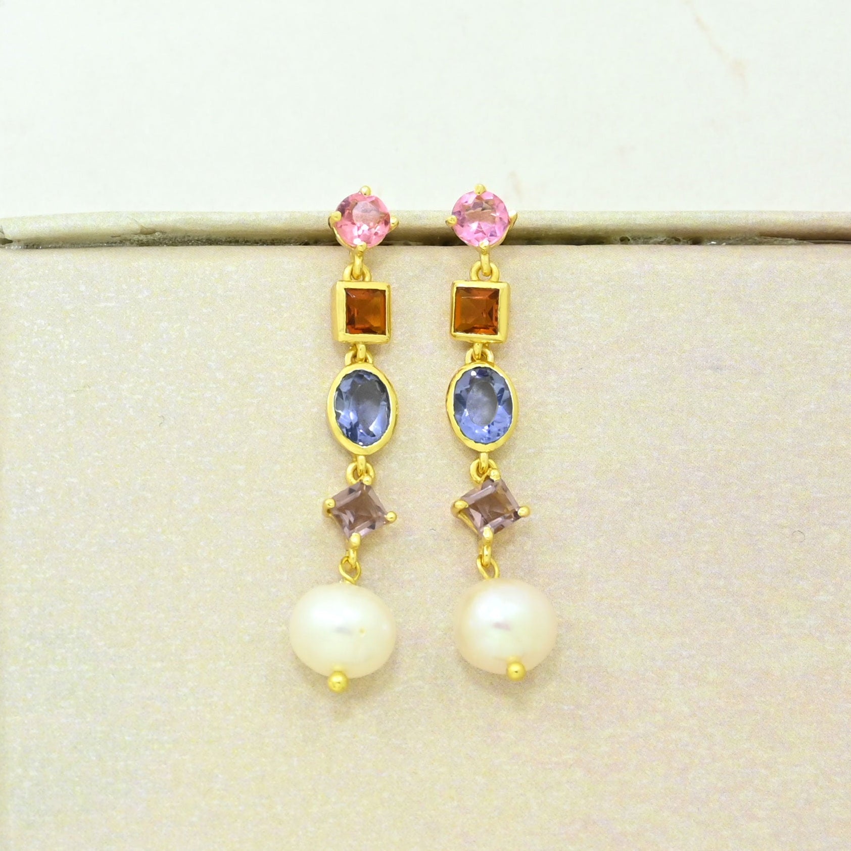 multicolor gemstone pearl earring gold plated