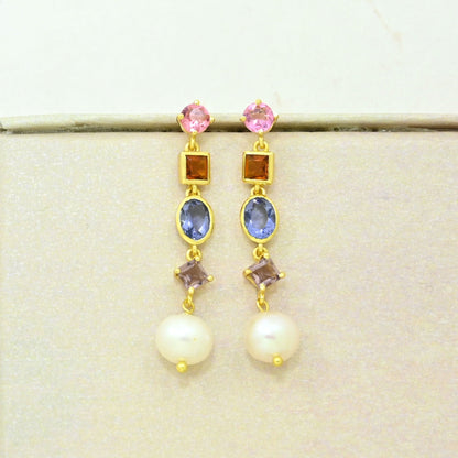 multicolor gemstone pearl earring gold plated