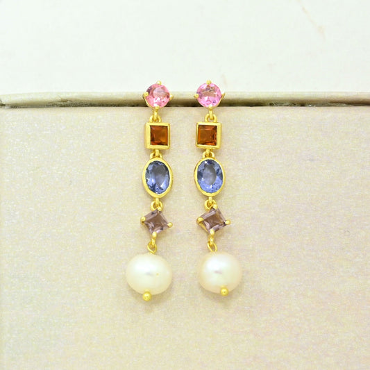 multicolor gemstone pearl earring gold plated