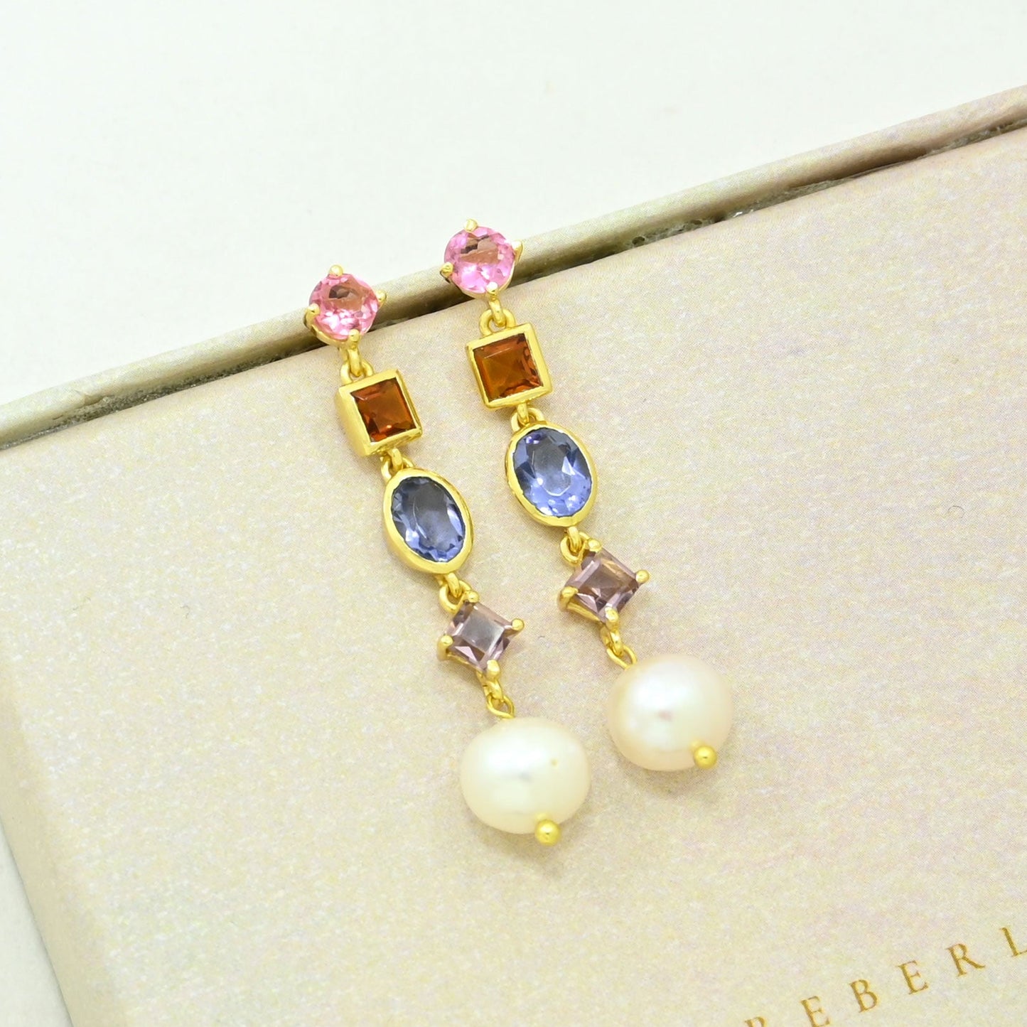 multicolor gemstone pearl earring gold plated
