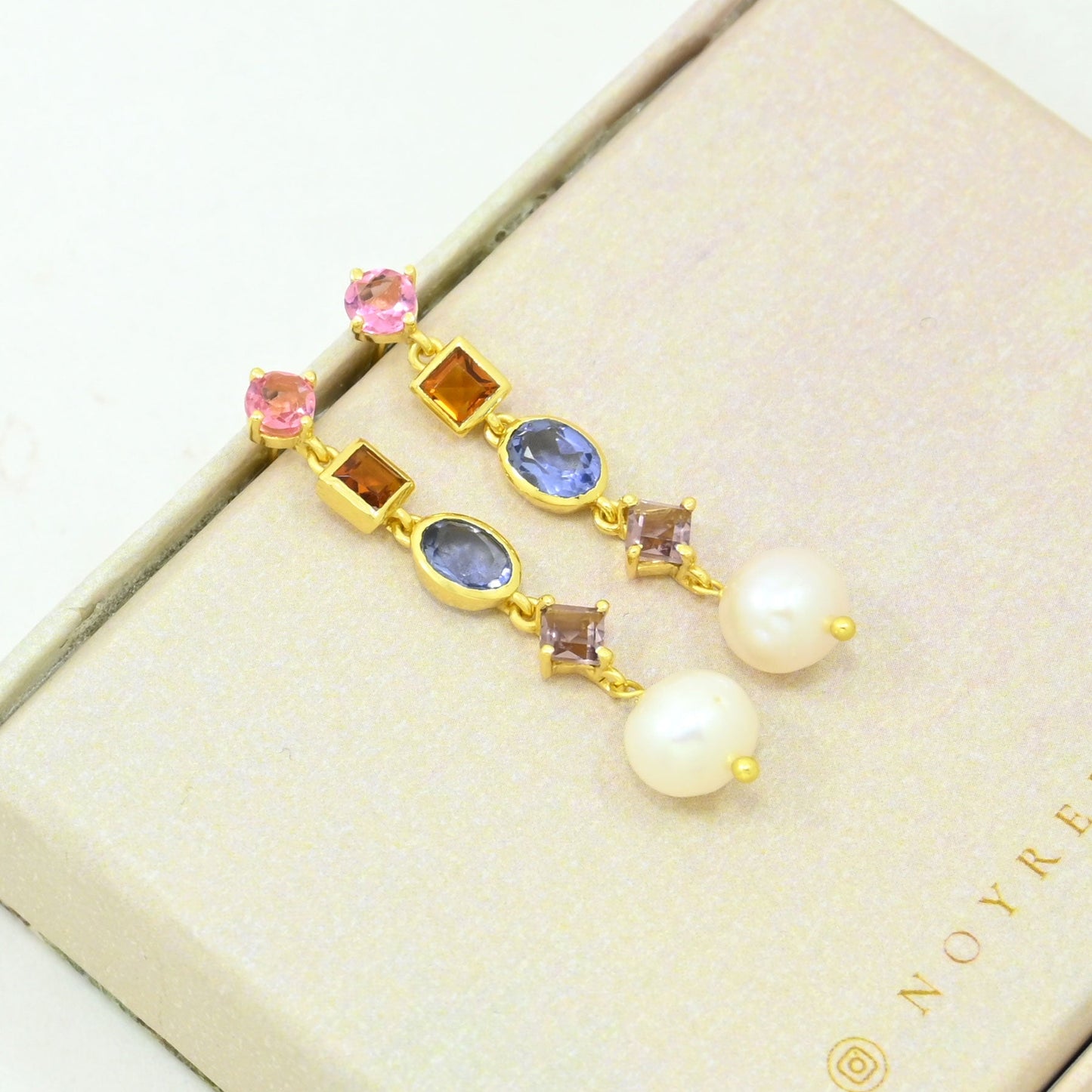 multicolor gemstone pearl earring gold plated