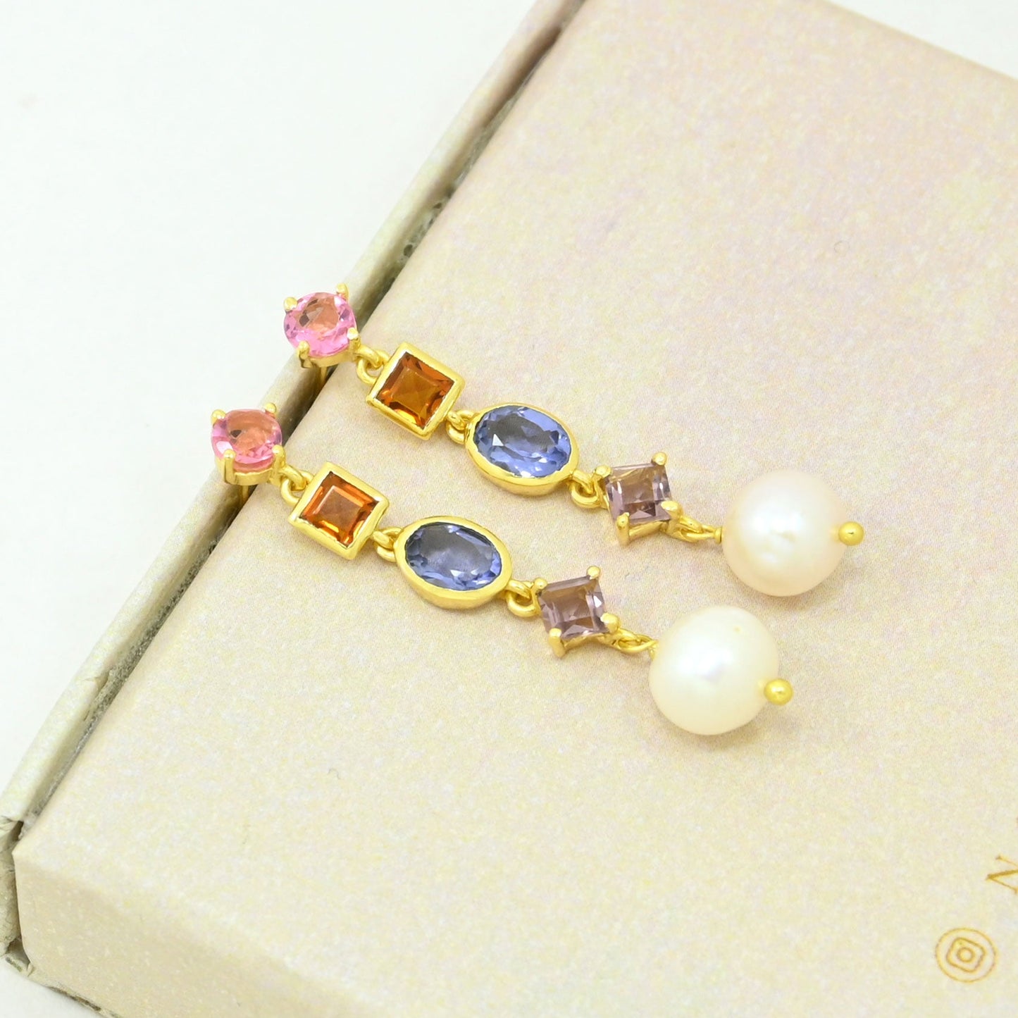 multicolor gemstone pearl earring gold plated