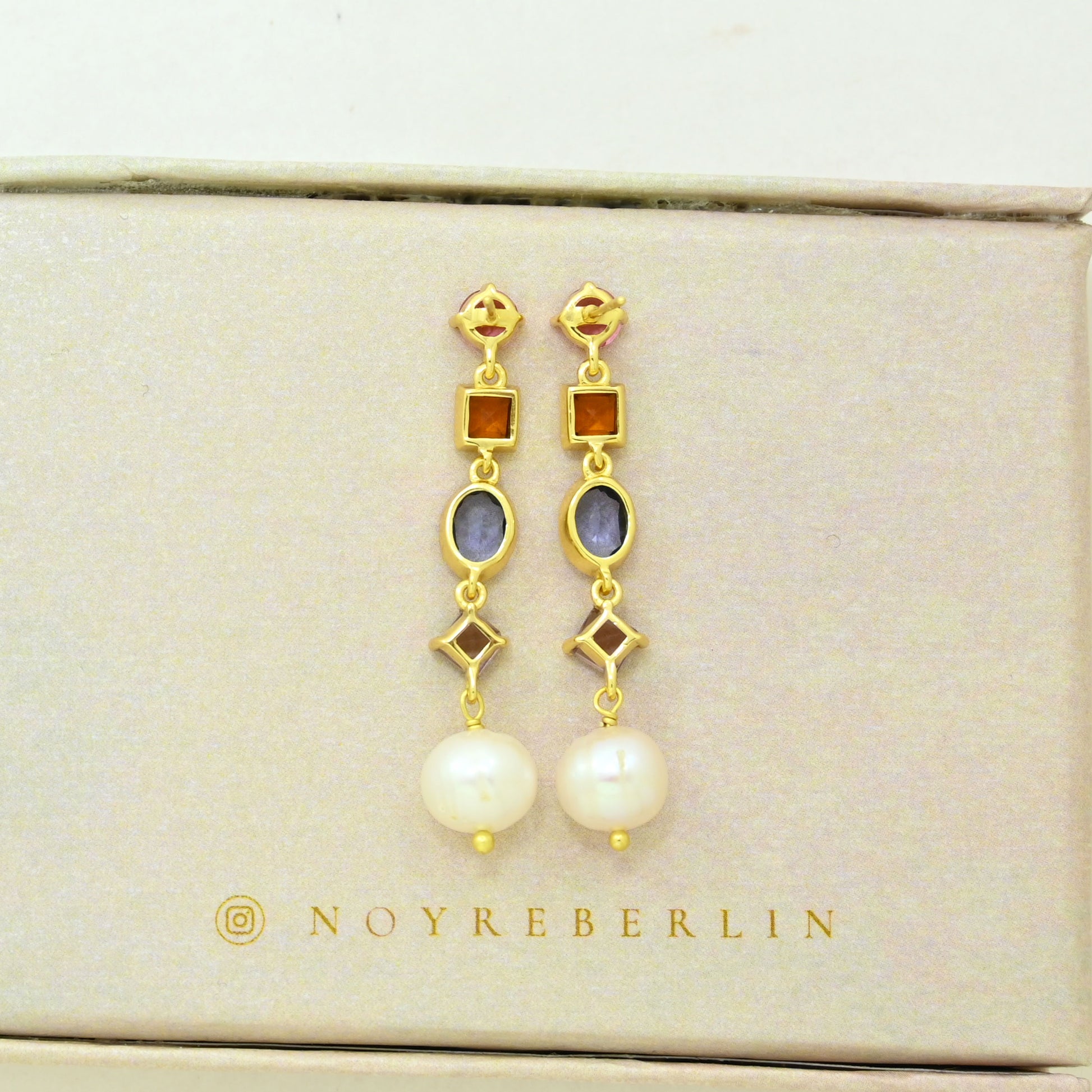 multicolor gemstone pearl earring gold plated