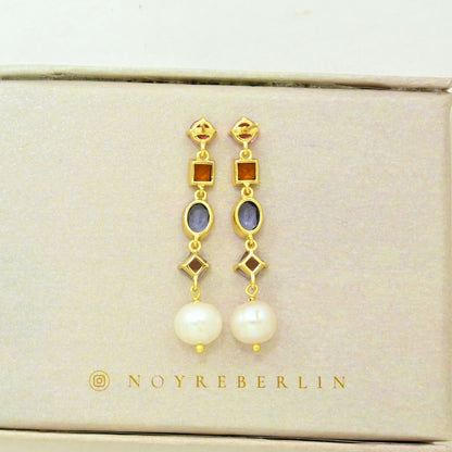 multicolor gemstone pearl earring gold plated
