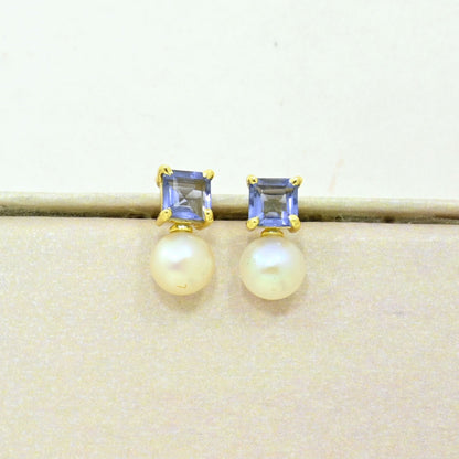 pearl tanzanite stud earring gold plated