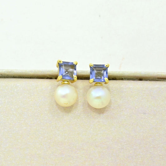 pearl tanzanite stud earring gold plated