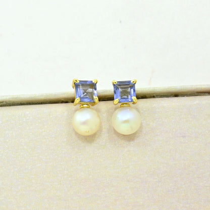 pearl tanzanite stud earring gold plated